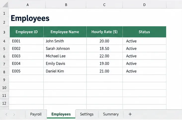 Einfache Excel-Vorlage für die zweiwöchentliche Gehaltsabrechnung für kleine Teams: Einsteigerfreundliche Einrichtung
