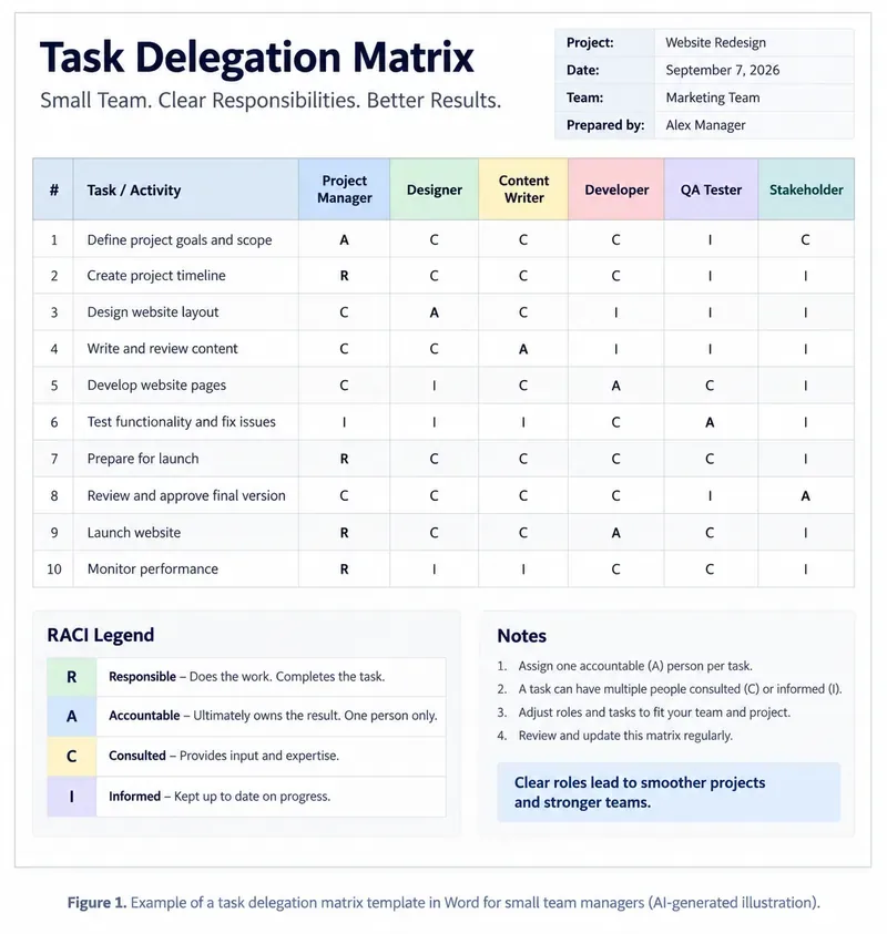 Plantilla simple de matriz de delegación de tareas en Word para gerentes de equipos pequeños